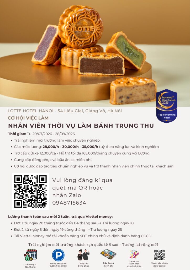 Lotte Hotel Hanoi tuyển dụng nhân viên thời vụ bánh Trung Thu 2026